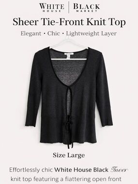 White House Black Market Sheer Black Tie Front Cardigan Top Size L